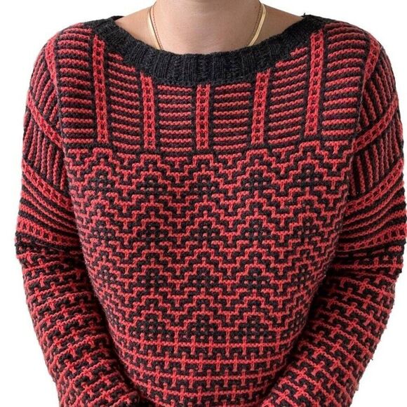 Theory Womens 100% Wool Soft Gray Red Fretta Loryella Geometric Sweater Sz L - Picture 5 of 9